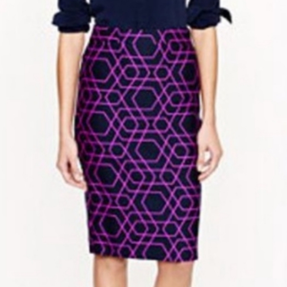 J. Crew Size 10 The Pencil Skirt, Navy Blue with Purple Geometric Pattern, NWOT